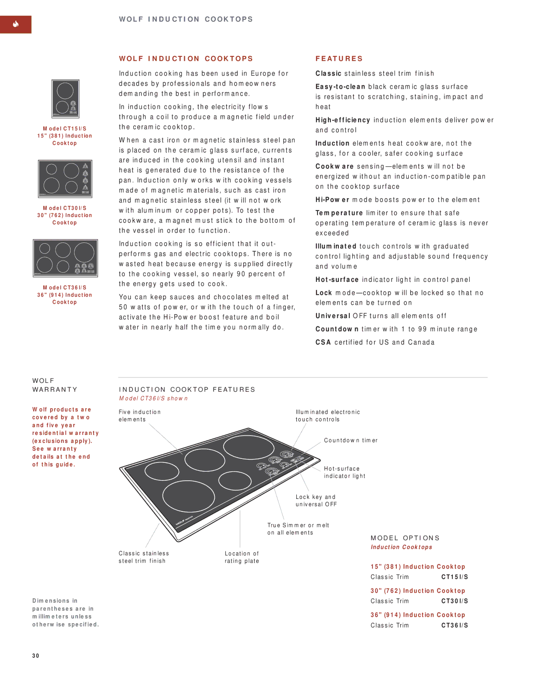 Wolf Appliance Company SO30F/S manual L F I N D U C T I O N C O O K T O P S, CT15I/S, CT30I/S, CT36I/S 