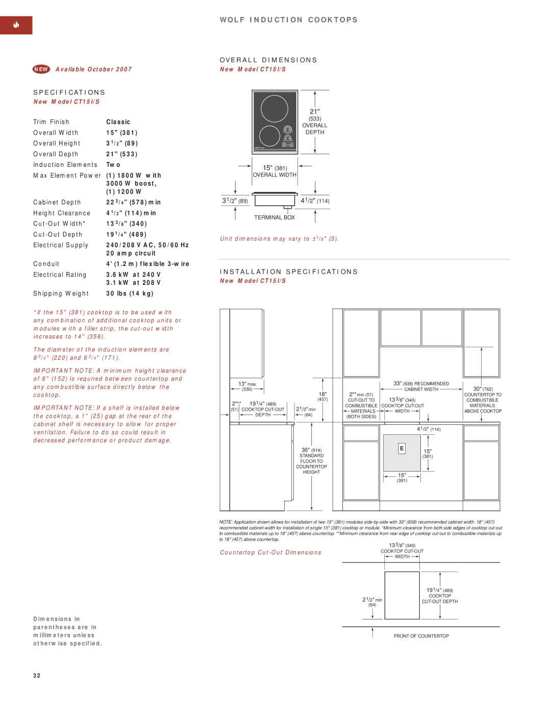 Wolf Appliance Company SO30F/S NEW Available October, New Model CT15I/S, Countertop Cut-Out DimensionsCOOKTOP CUT-OUT 