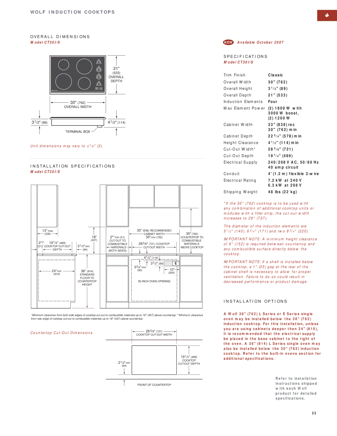 Wolf Appliance Company SO30F/S manual Shipping Weight Lbs 22 kg, Model CT30I/S NEW Available October 