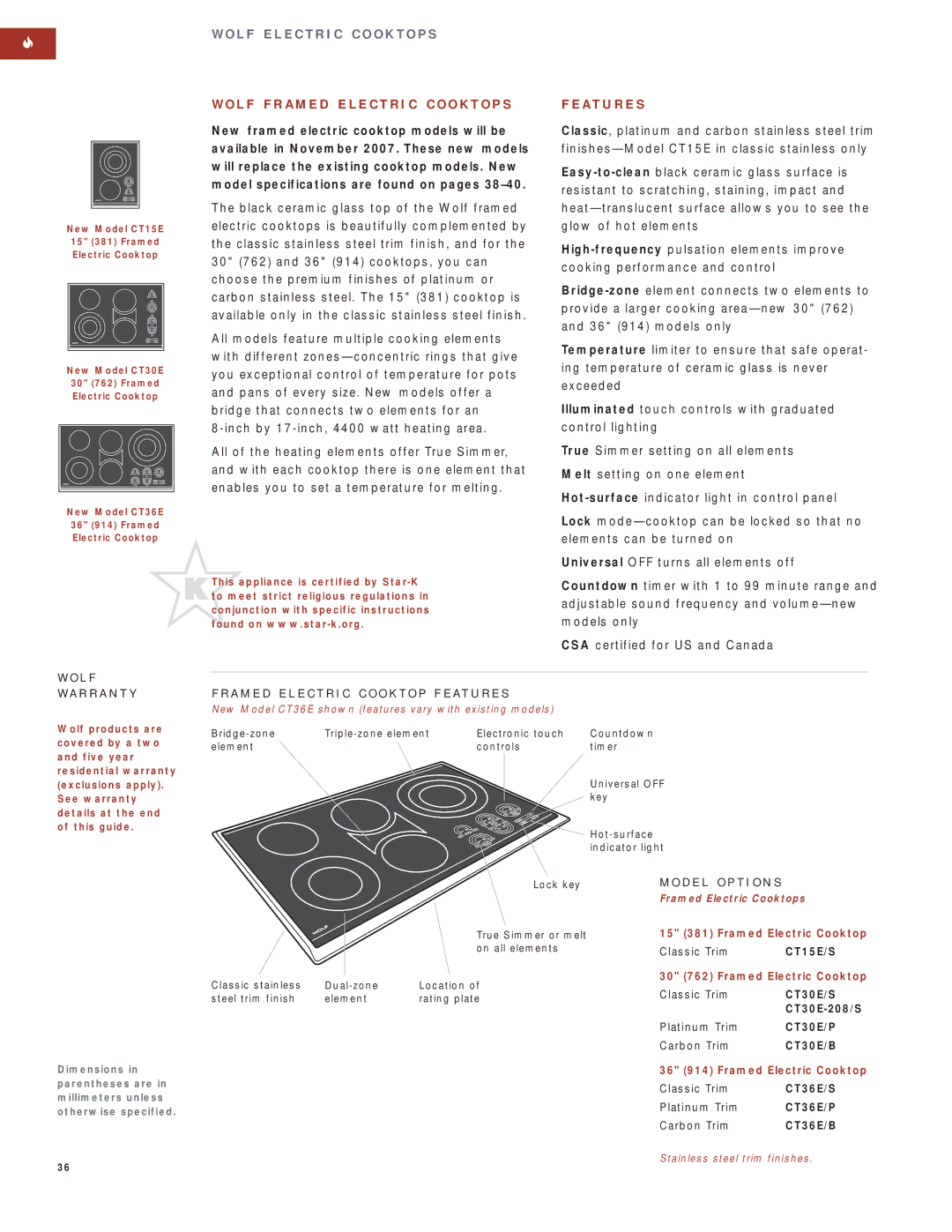 Wolf Appliance Company SO30F/S manual CT15E/S, CT30E/S, CT30E/P, CT30E/B, CT36E/S, CT36E/P, CT36E/B 