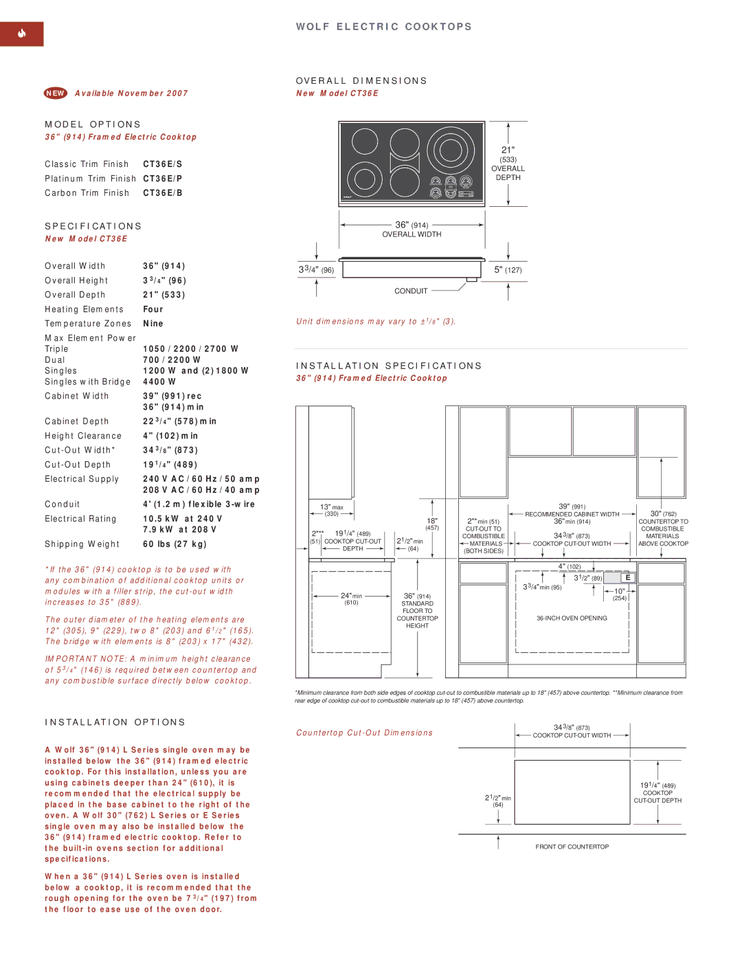 Wolf Appliance Company SO30F/S manual 36 914 Framed Electric Cooktop, New Model CT36E 