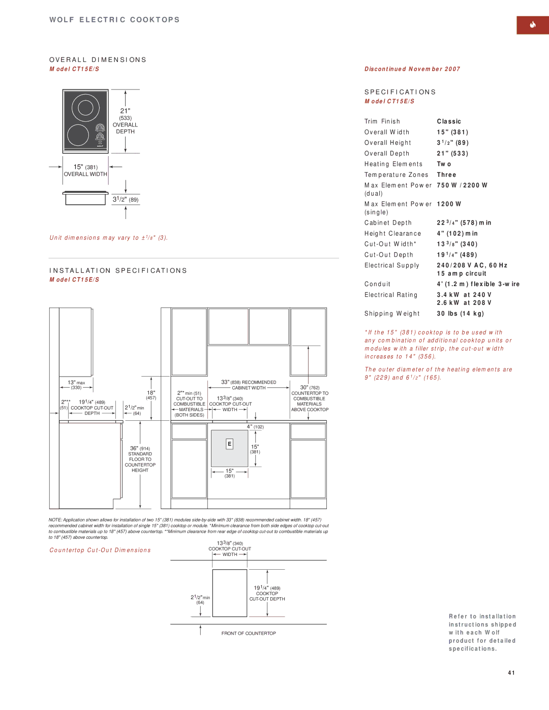 Wolf Appliance Company SO30F/S manual Shipping Weight Lbs 14 kg, Model CT15E/S Dis November 