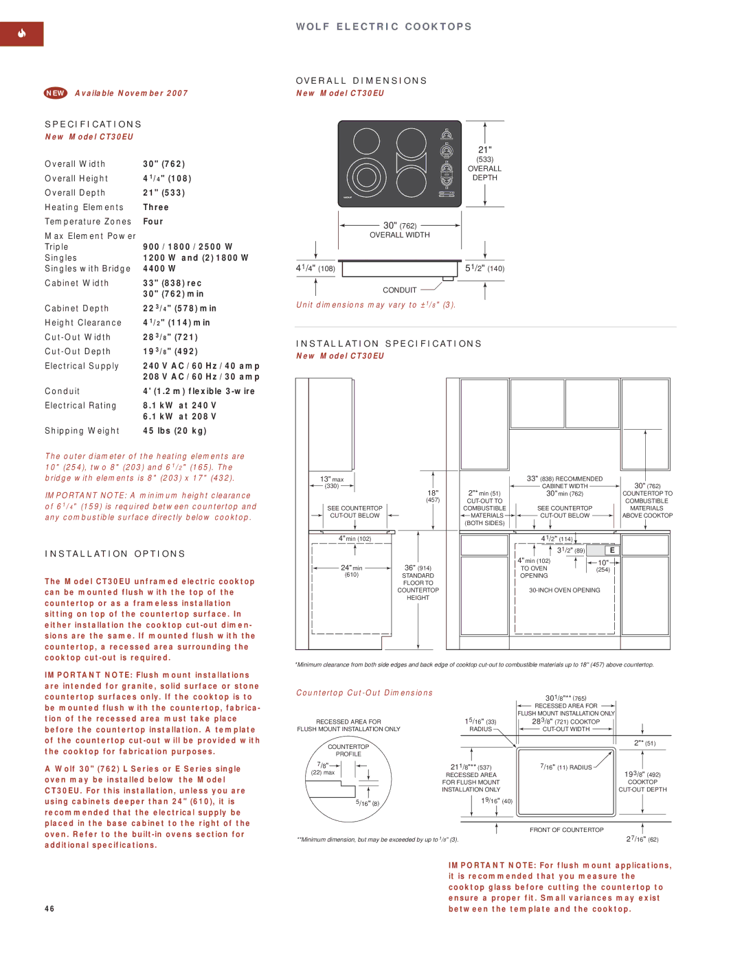 Wolf Appliance Company SO30F/S manual New Model CT30EU, 30 1/ 8, 21 1/ 8 