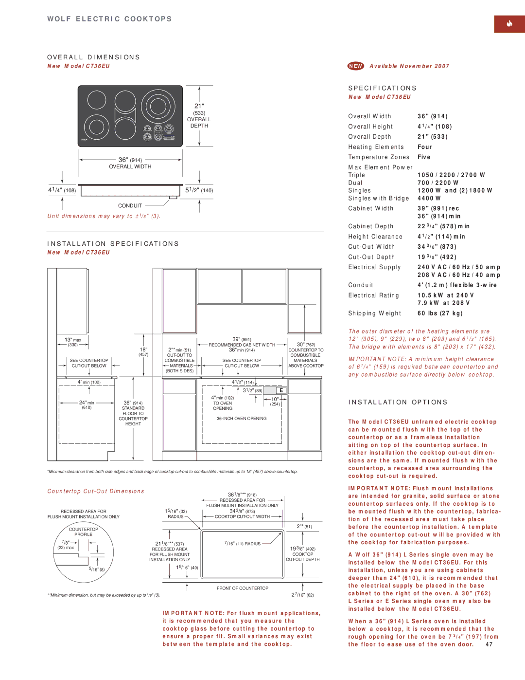 Wolf Appliance Company SO30F/S manual New Model CT36EU NEW Available November, 361/8 