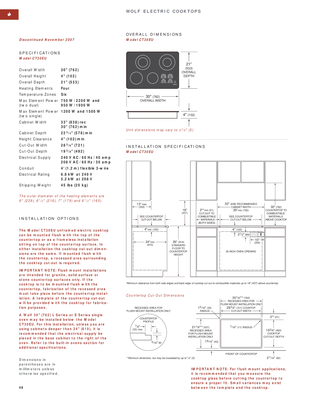 Wolf Appliance Company SO30F/S manual Model CT30EU, 102, 301/8, 211/8 