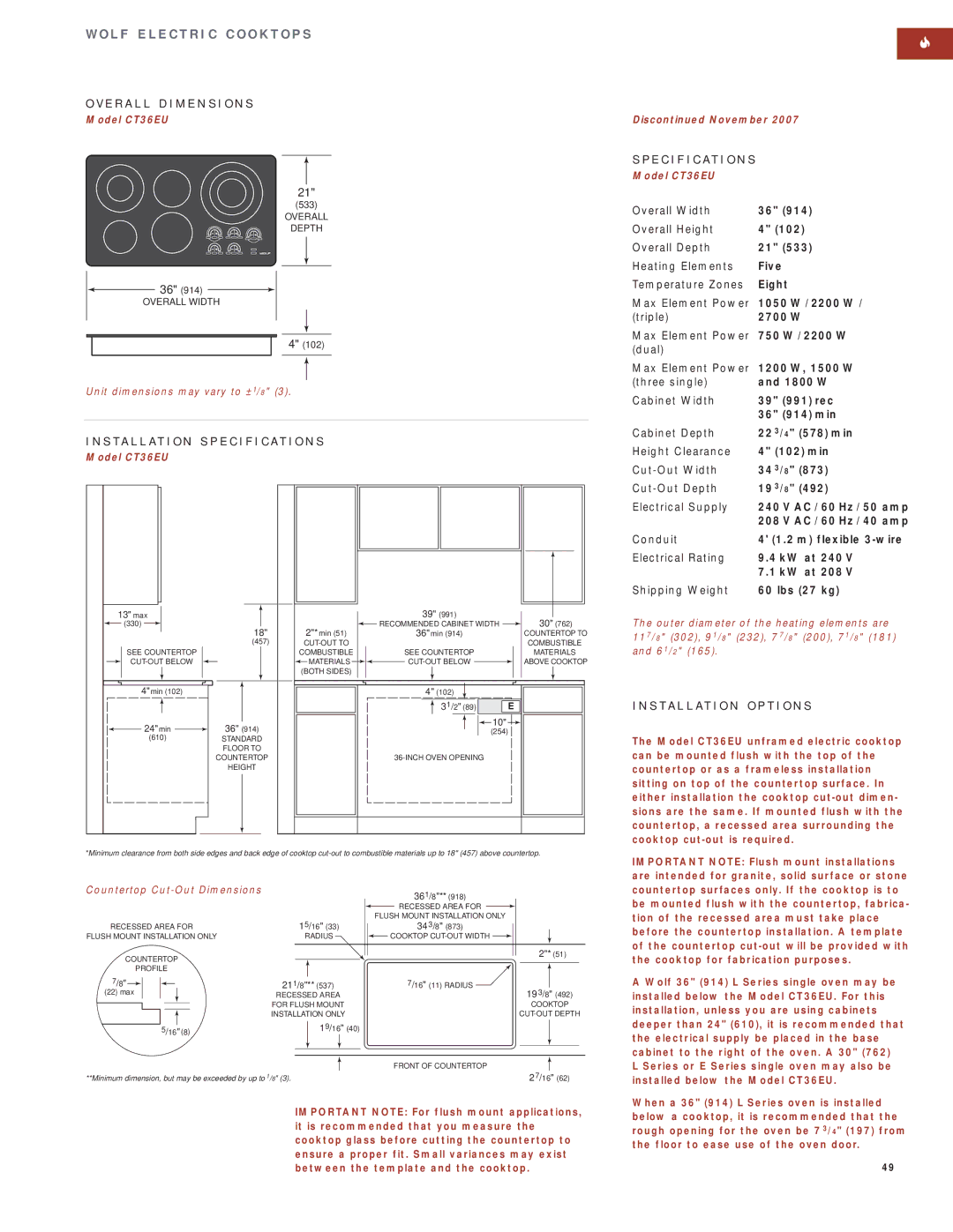 Wolf Appliance Company SO30F/S manual Model CT36EU Dis November 