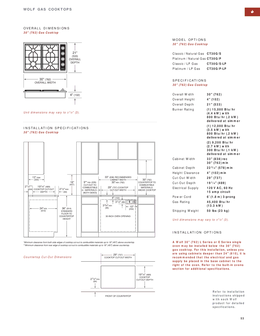 Wolf Appliance Company SO30F/S manual Platinum / Natural Gas CT30G/P, CT30G/S-LP, Platinum / LP Gas, CT30G/P-LP 