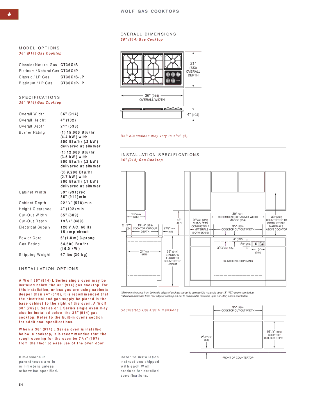 Wolf Appliance Company SO30F/S manual Platinum / Natural Gas CT36G/P, CT36G/S-LP, CT36G/P-LP, 36 914 Gas Cooktop 