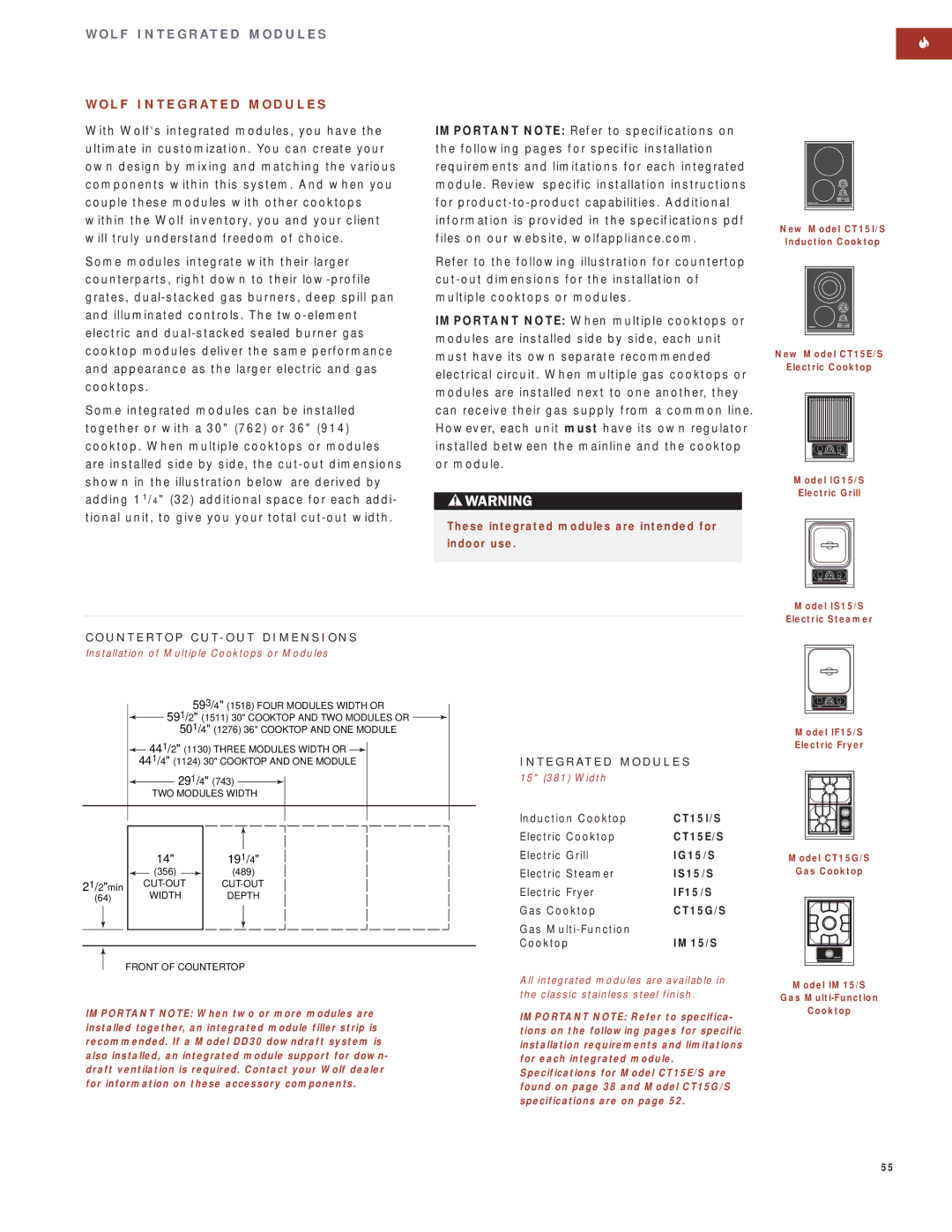 Wolf Appliance Company SO30F/S L F I N T E G R a T E D M O D U L E S, These integrated modules are intended for Indoor use 