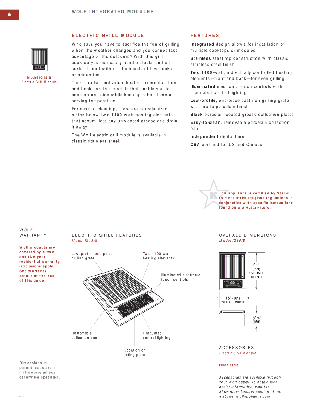 Wolf Appliance Company SO30F/S E C T R I C G R I L L M O D U L E, E C T R I C G R I L L F E a T U R E S, Model IG15/S 