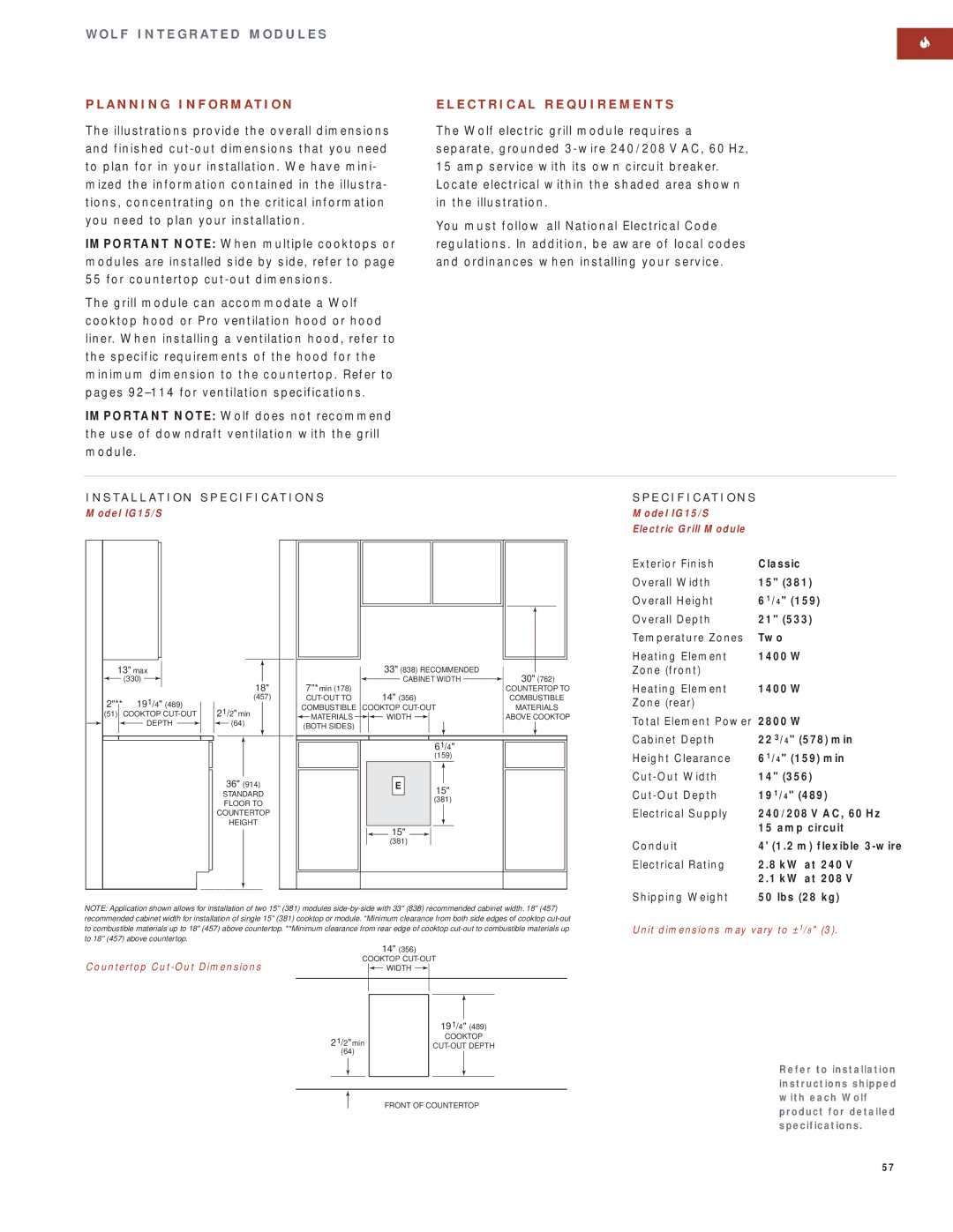 Wolf Appliance Company SO30F/S manual Shipping Weight Lbs 28 kg, Model IG15/S Electric Grill Module, 61/4 