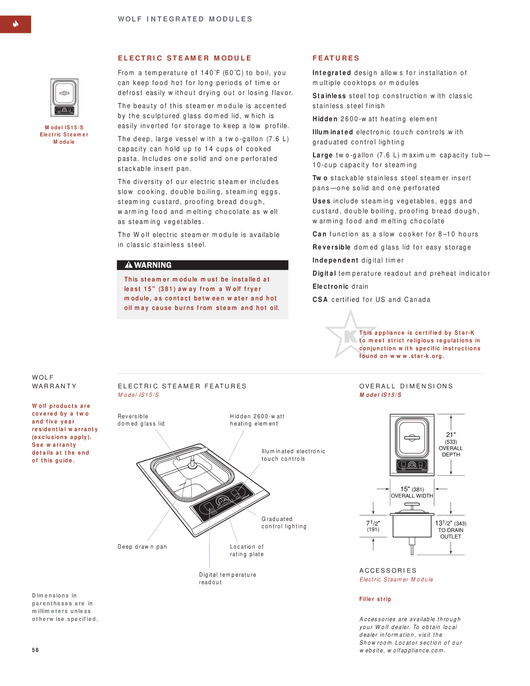 Wolf Appliance Company SO30F/S manual E C T R I C S T E a M E R M O D U L E, E C T R I C S T E a M E R F E a T U R E S 