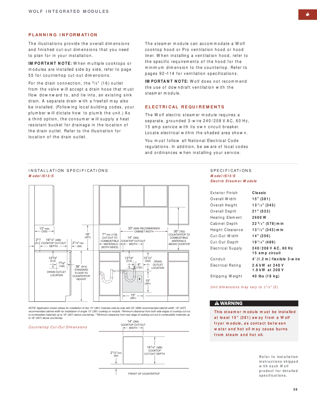 Wolf Appliance Company SO30F/S manual Model IS15/S Electric Steamer Module, 123/8 131/2 