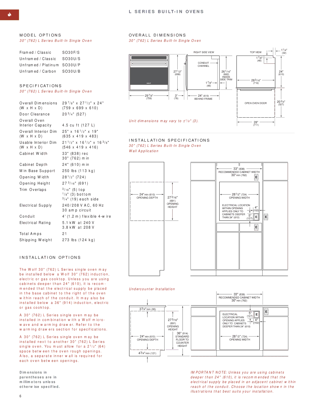 Wolf Appliance Company SO30F/S manual Framed / Classic, Unframed / Classic, Unframed / Platinum, Unframed / Carbon 