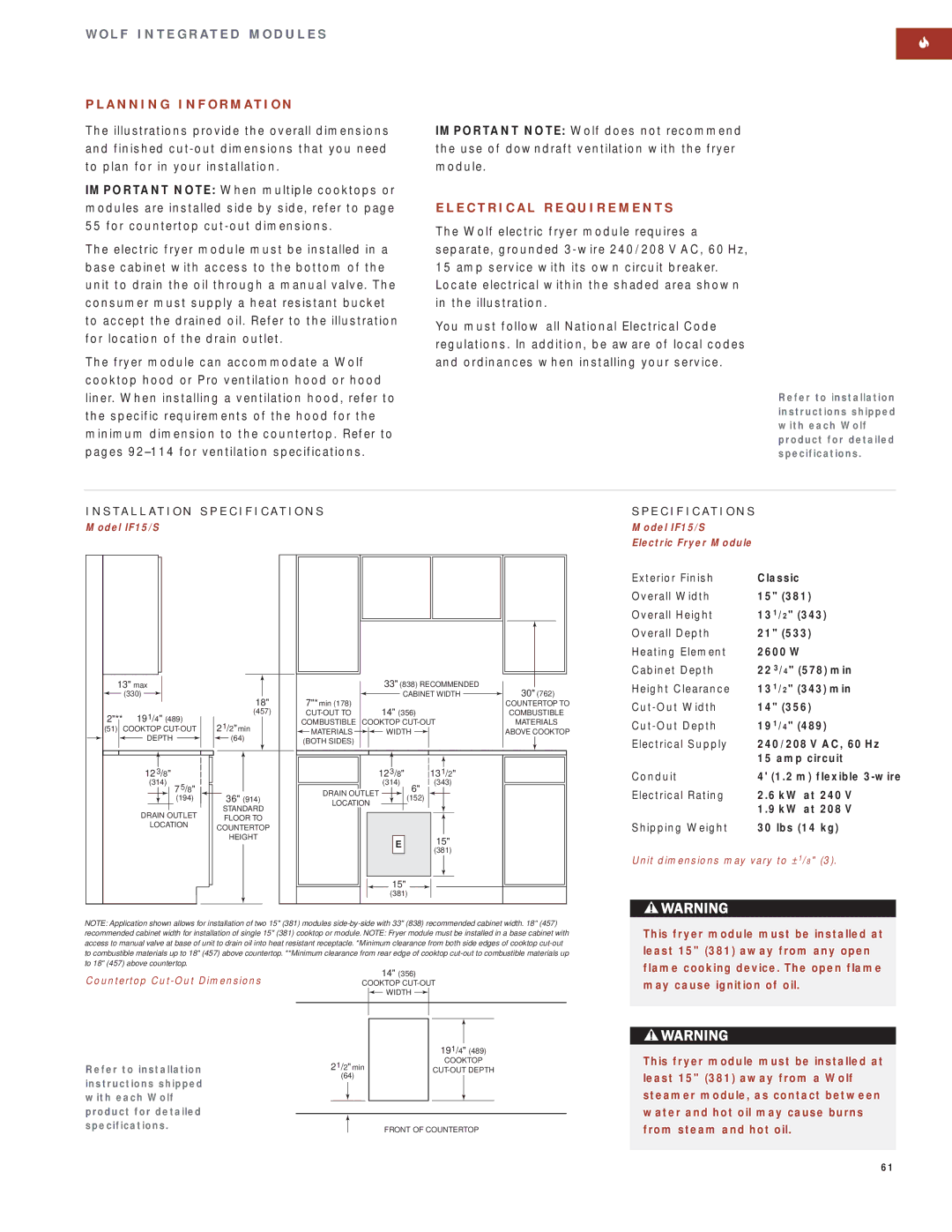 Wolf Appliance Company SO30F/S manual Model IF15/S Electric Fryer Module, Countertop Cut-Out DimensionsCOOKTOP CUT-OUT 