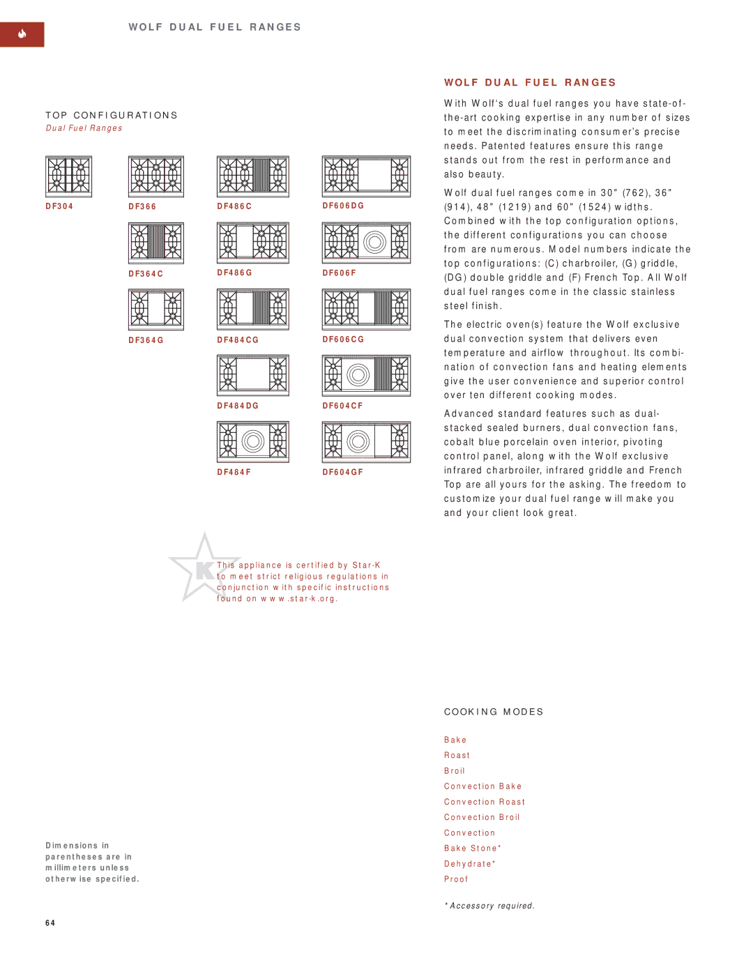 Wolf Appliance Company SO30F/S manual L F D U a L F U E L R a N G E S, P C O N F I G U R At I O N S, O K I N G M O D E S 