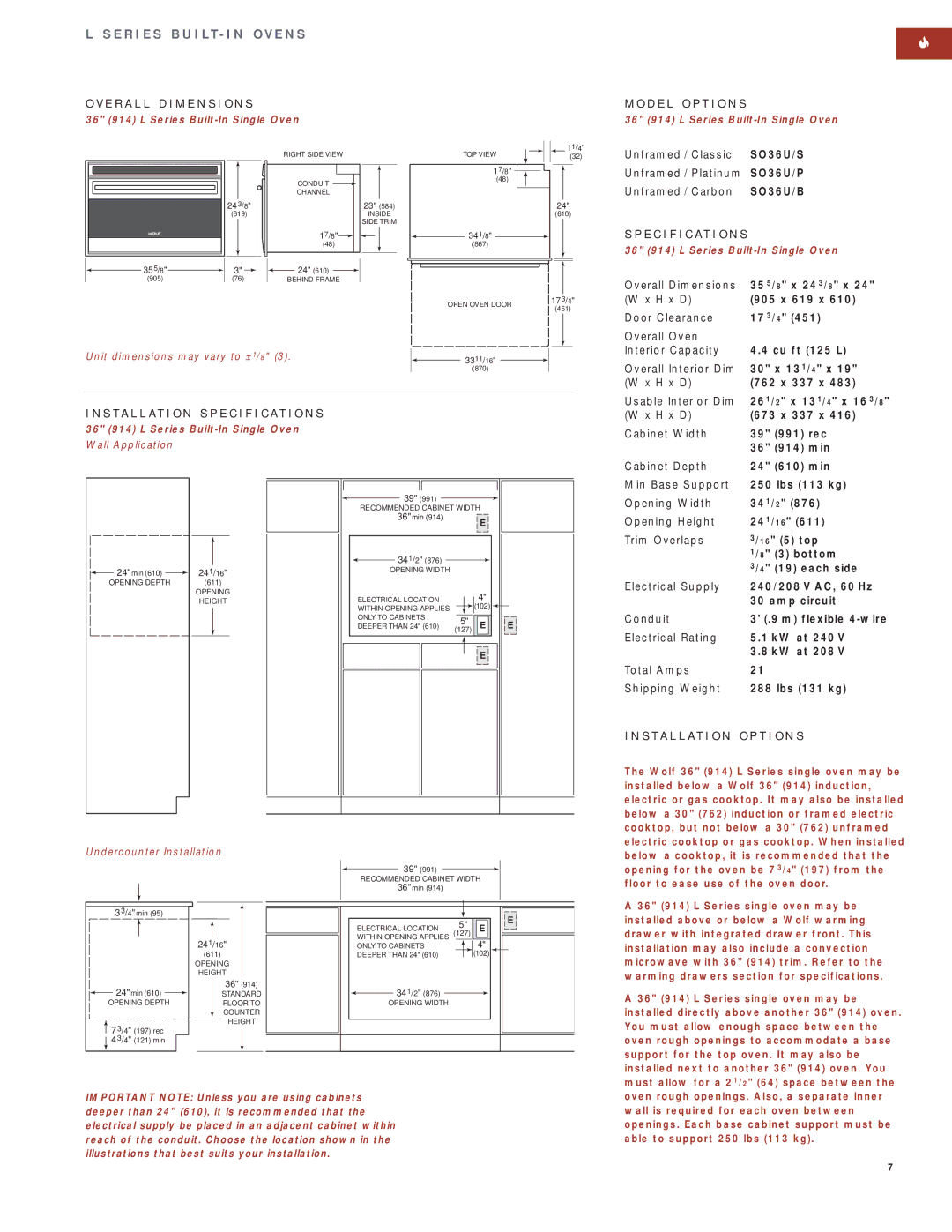 Wolf Appliance Company SO30F/S manual Installation Specification S, 36 914 L Series Built-In Single Oven, 241/16, 341/2 