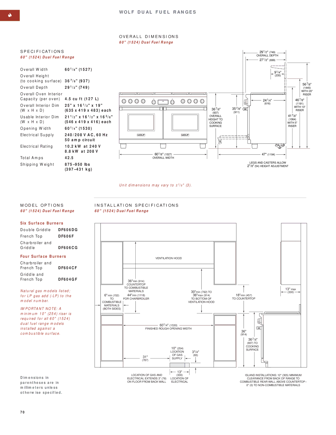 Wolf Appliance Company SO30F/S manual DF606DG, DF606F, DF606CG, DF604CF, DF604GF 