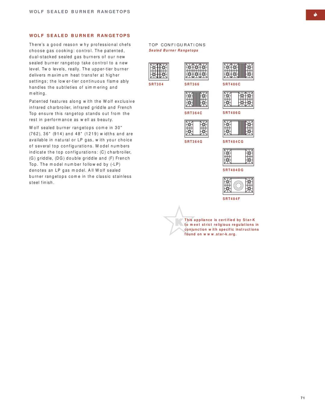 Wolf Appliance Company SO30F/S manual L F S E a L E D B U R N E R R a N G E T O P S, Sealed Burner Rangetops 