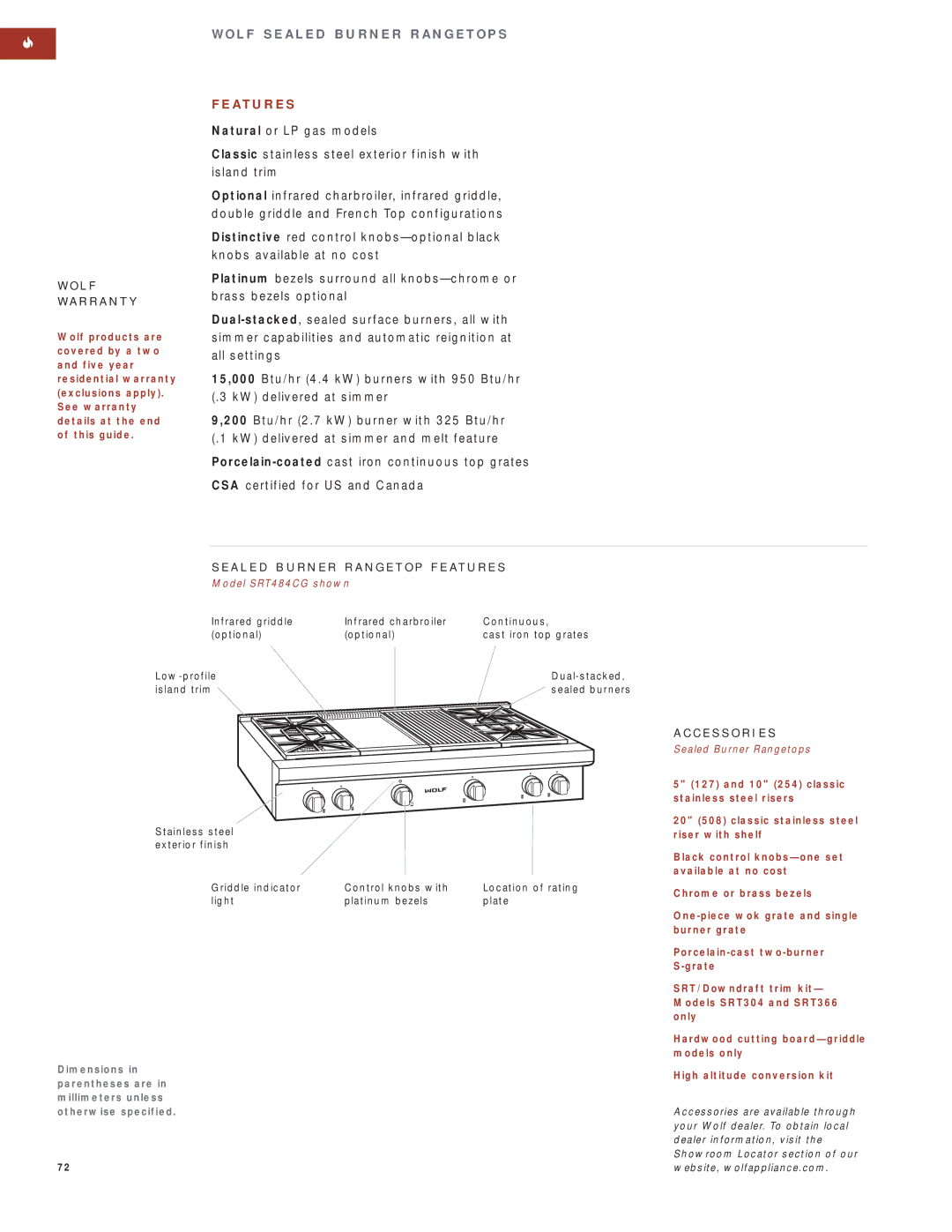 Wolf Appliance Company SO30F/S manual A L E D B U R N E R R a N G E T O P F E AT U R E S, Model SRT484CG shown 