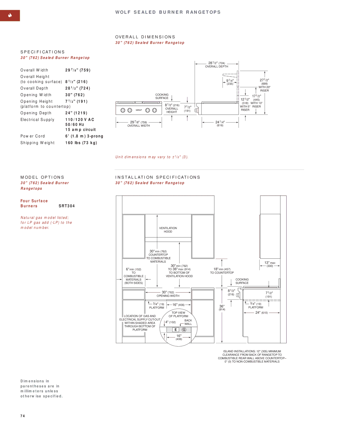 Wolf Appliance Company SO30F/S manual Four Surface Burners SRT304, 30 762 Sealed Burner Rangetops, Model number 