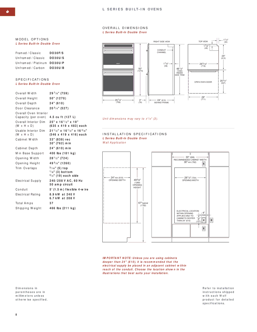 Wolf Appliance Company SO30F/S manual Series Built-In Double Oven, Important Note Unless you are using cabinets 