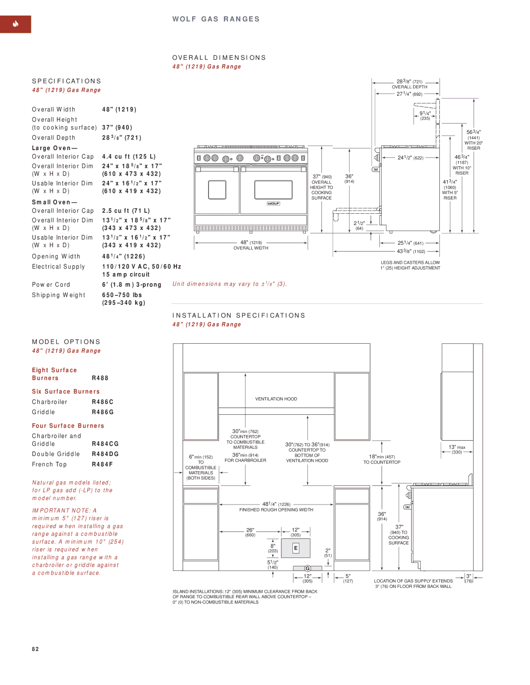 Wolf Appliance Company SO30F/S manual Installation Specification S, Eight Surface Burners R488 Six Surface Burners 