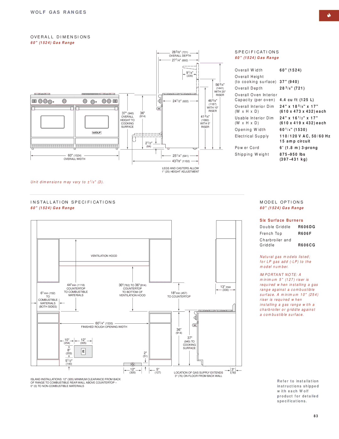 Wolf Appliance Company SO30F/S manual R606DG, R606F, R606CG, 60 1524 Gas Range 