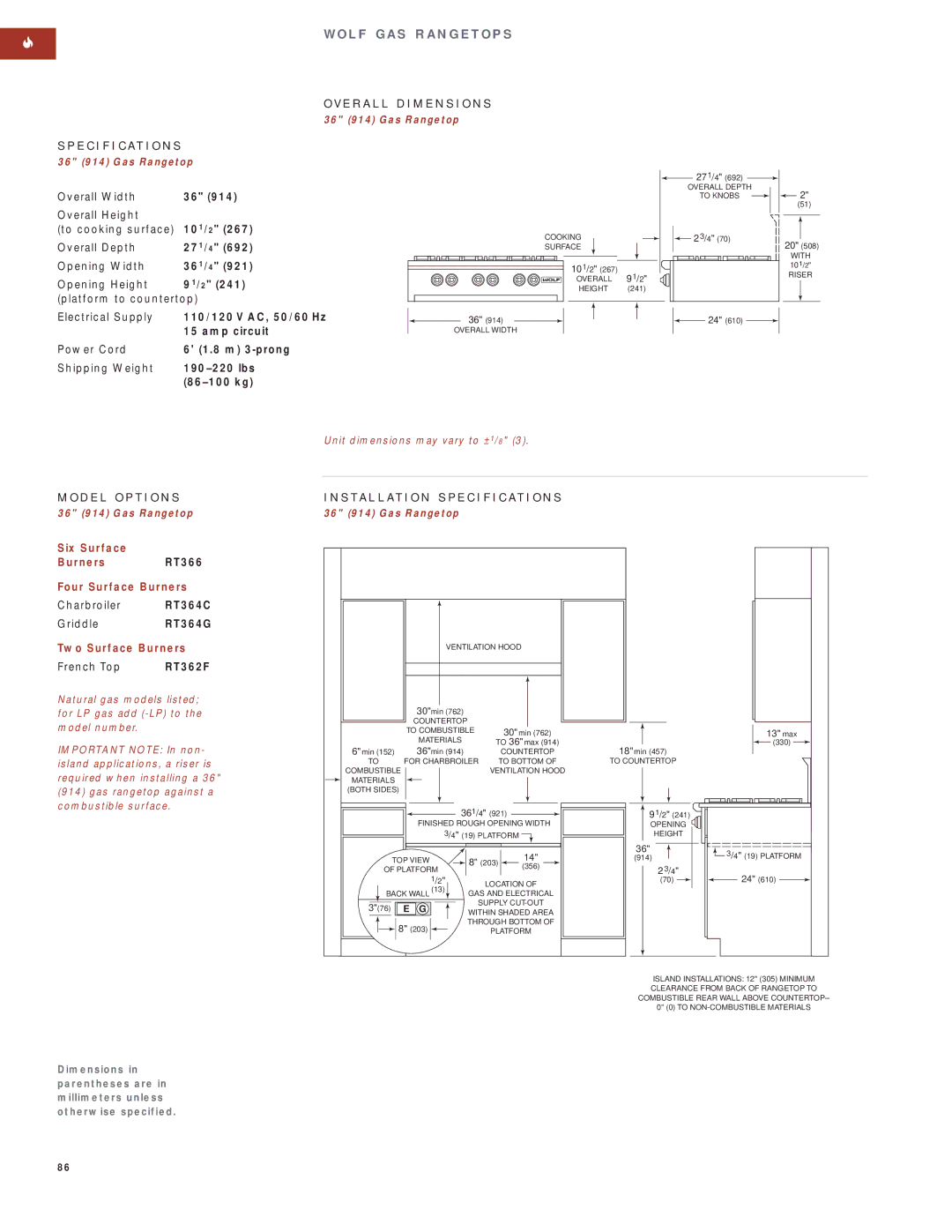 Wolf Appliance Company SO30F/S Six Surface Burners RT366 Four Surface Burners, Two Surface Burners, French Top RT362F 