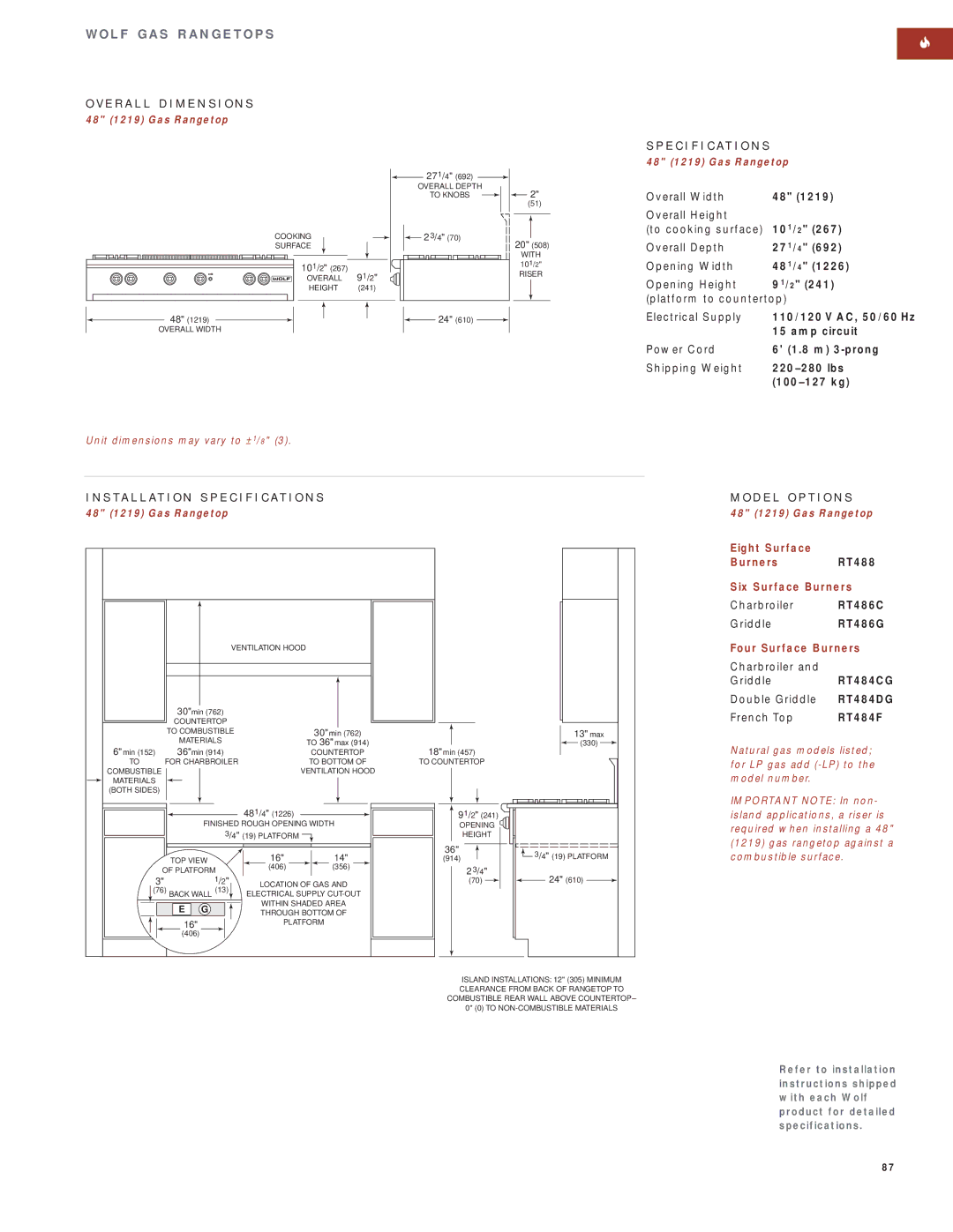 Wolf Appliance Company SO30F/S manual Eight Surface Burners RT488 Six Surface Burners, RT484CG, RT484DG, RT484F 