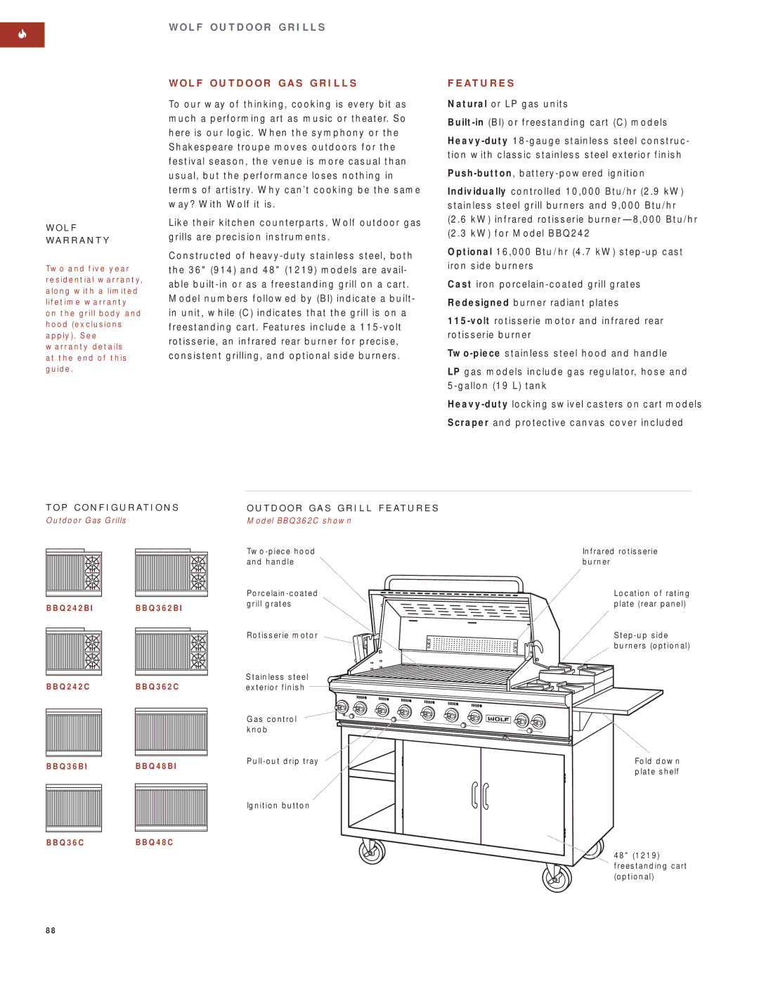 Wolf Appliance Company SO30F/S manual L F O U T D O O R G a S G R I L L S, Outdoor Gas Grills Model BBQ362C shown 