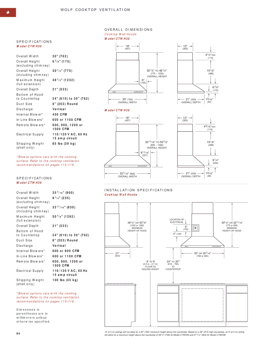 Wolf Appliance Company SO30F/S manual Cooktop Wall Hoods, Model CTWH30, Model CTWH36 