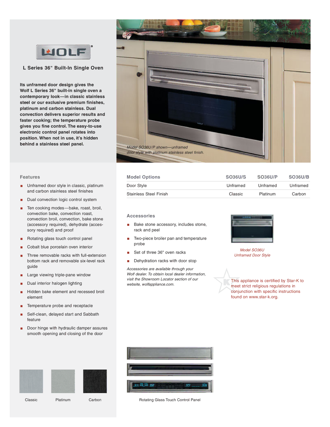 Wolf Appliance Company manual Series 36 Built-In Single Oven, Features, Model Options, SO36U/S SO36U/P SO36U/B 