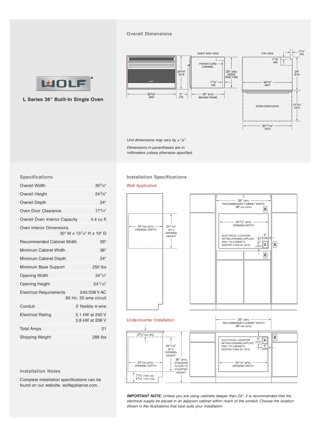 Wolf Appliance Company SO36U manual Overall Dimensions, Installation Notes, Installation Specifications 