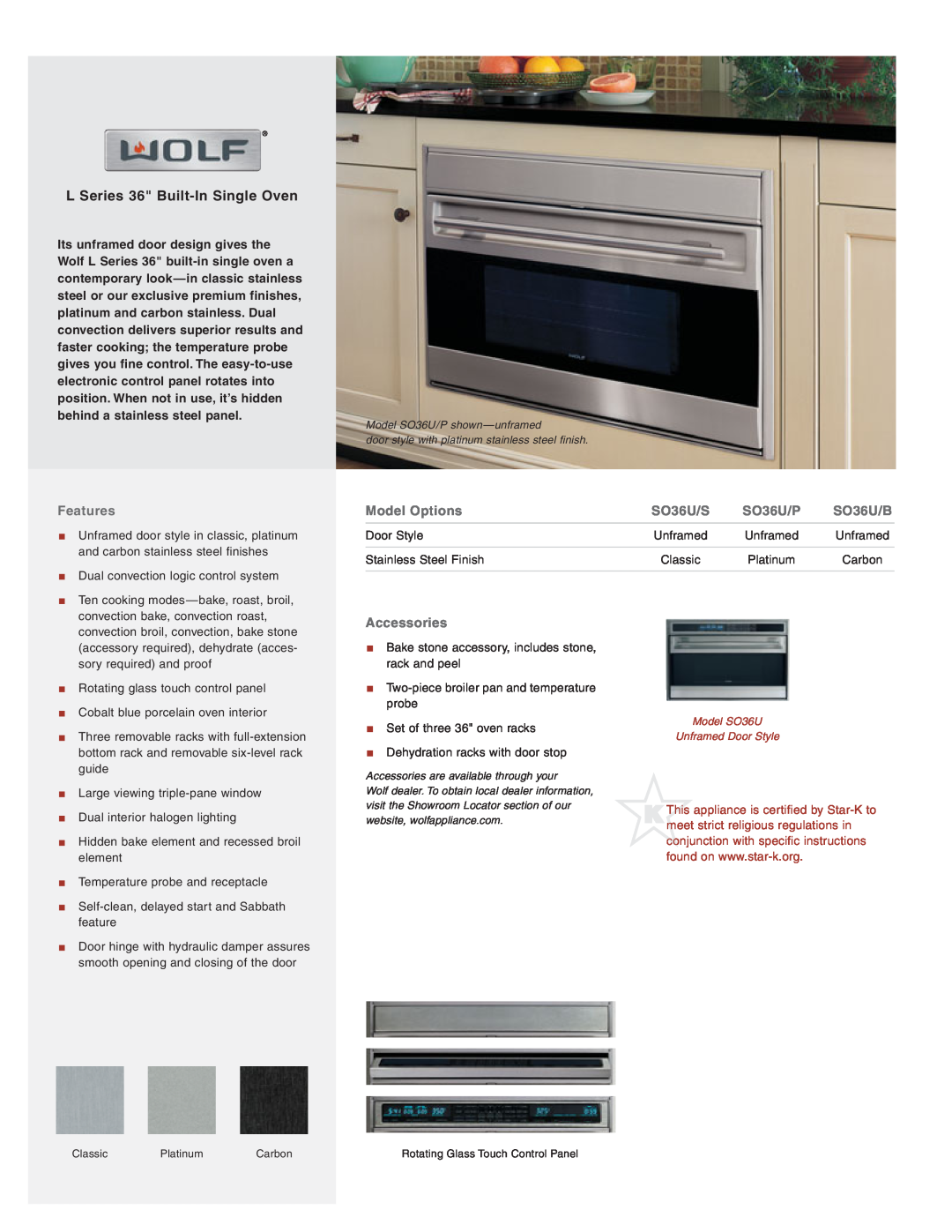 Wolf Appliance Company manual L Series 36 Built-In Single Oven, Features, Model Options, SO36U/S, SO36U/P, SO36U/B 