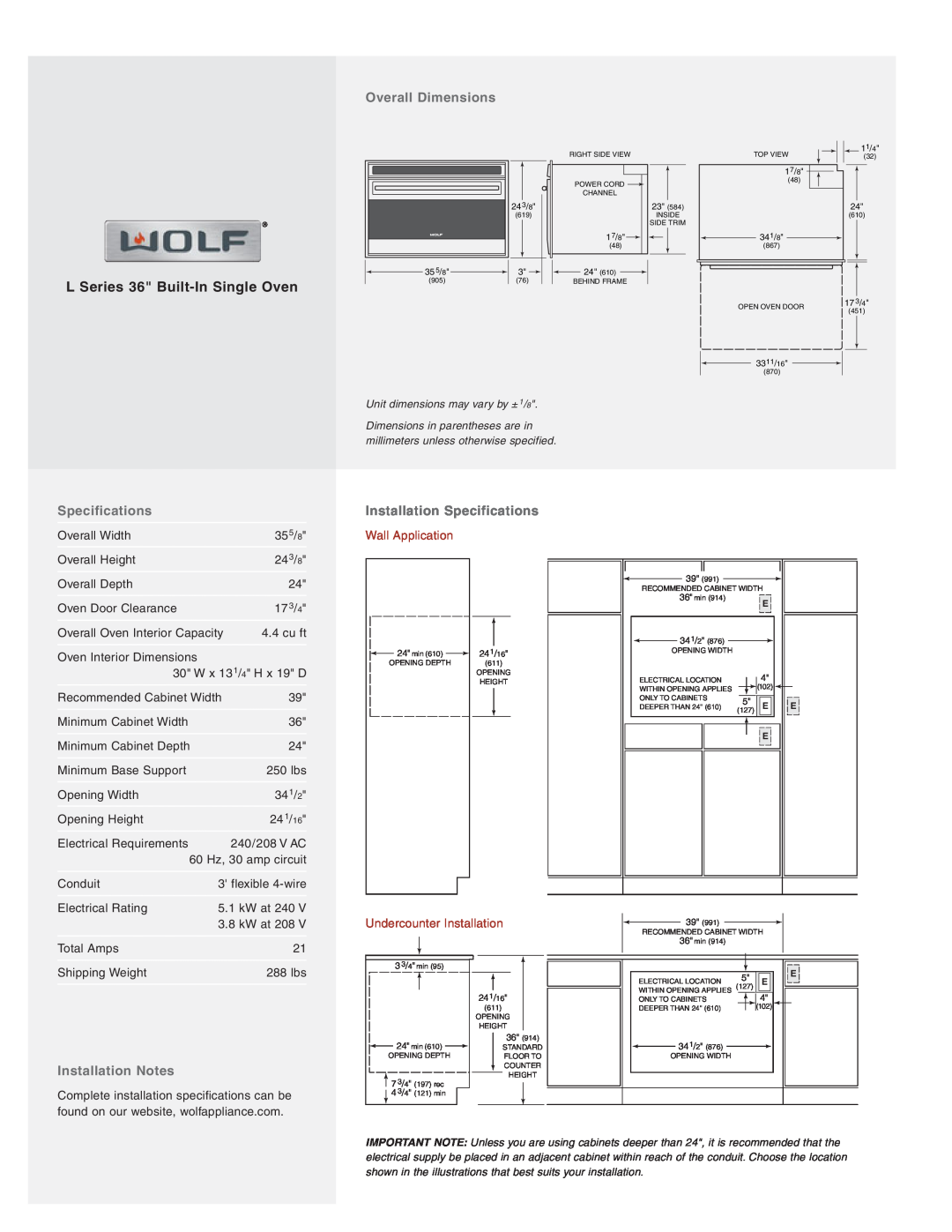 Wolf Appliance Company SO36U Overall Dimensions, Installation Notes, Installation Specifications, Wall Application 