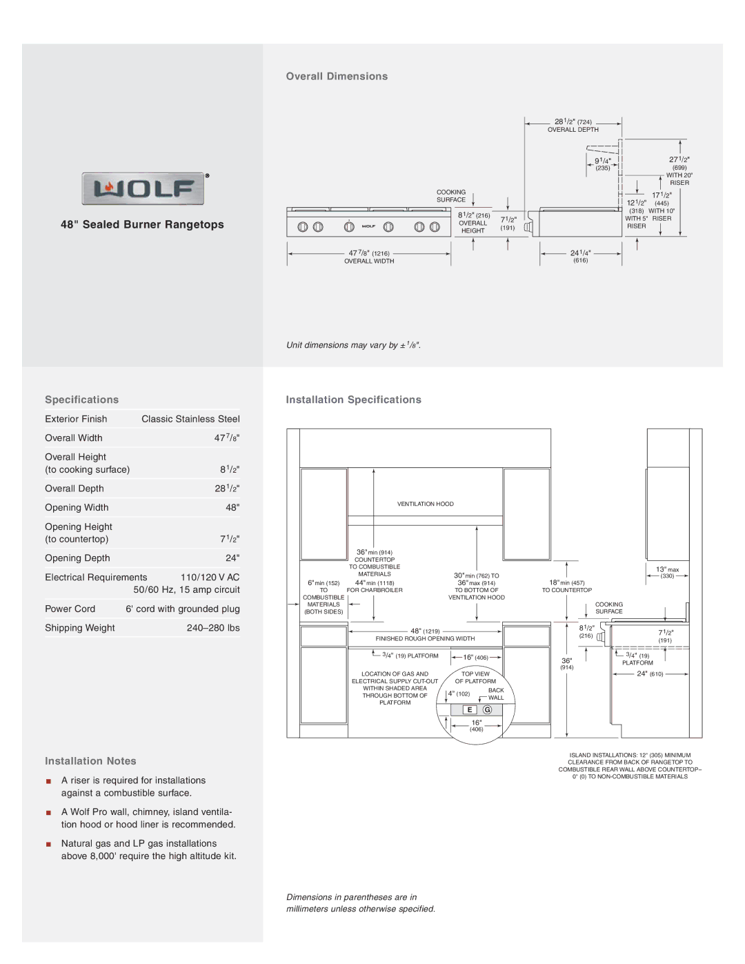 Wolf Appliance Company SRT484DG, SRT486C, SRT484CG Overall Dimensions, Installation Notes, Installation Specifications 