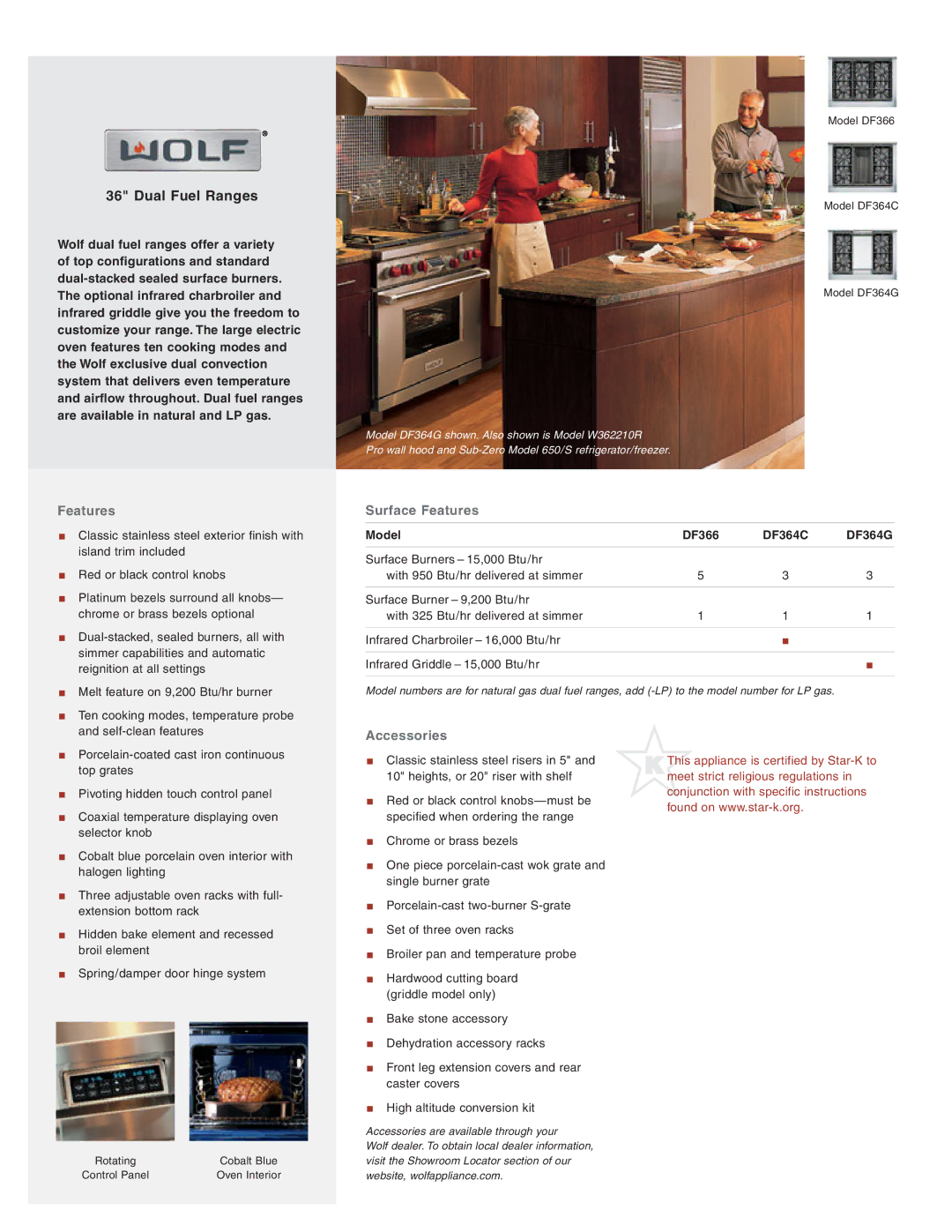 Wolf Appliance Company W362210R manual Surface Features, Accessories 