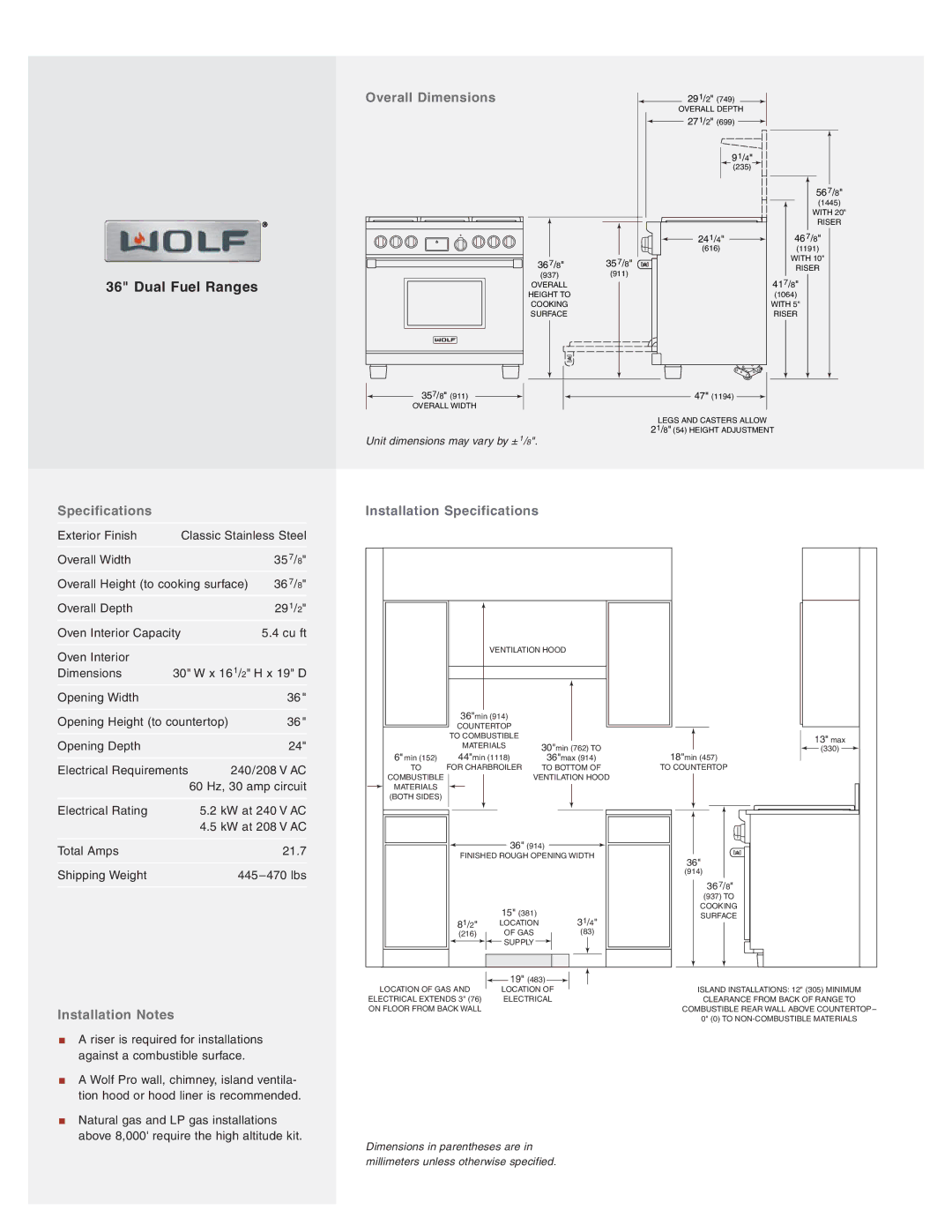 Wolf Appliance Company W362210R manual Overall Dimensions, Installation Notes, Installation Specifications 