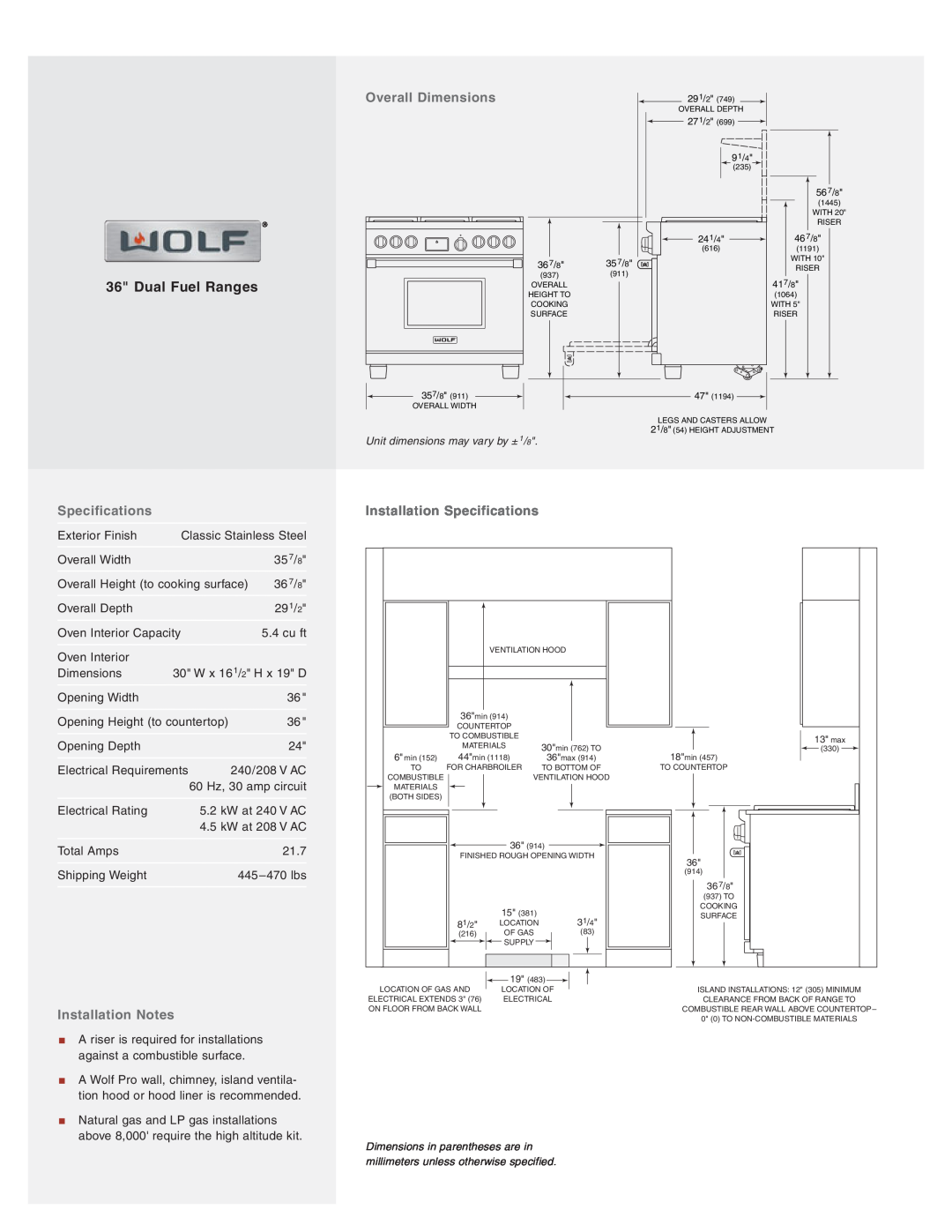Wolf Appliance Company W362210R Overall Dimensions, Installation Notes, Installation Specifications, Dual Fuel Ranges 