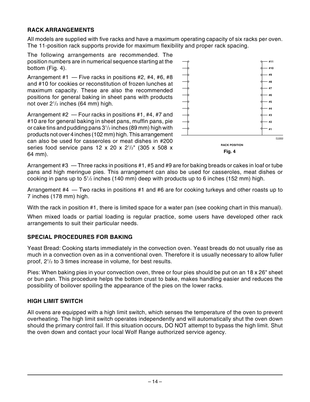 Wolf Appliance Company WKGD ML-126621 owner manual Rack Arrangements, Special Procedures for Baking, High Limit Switch 