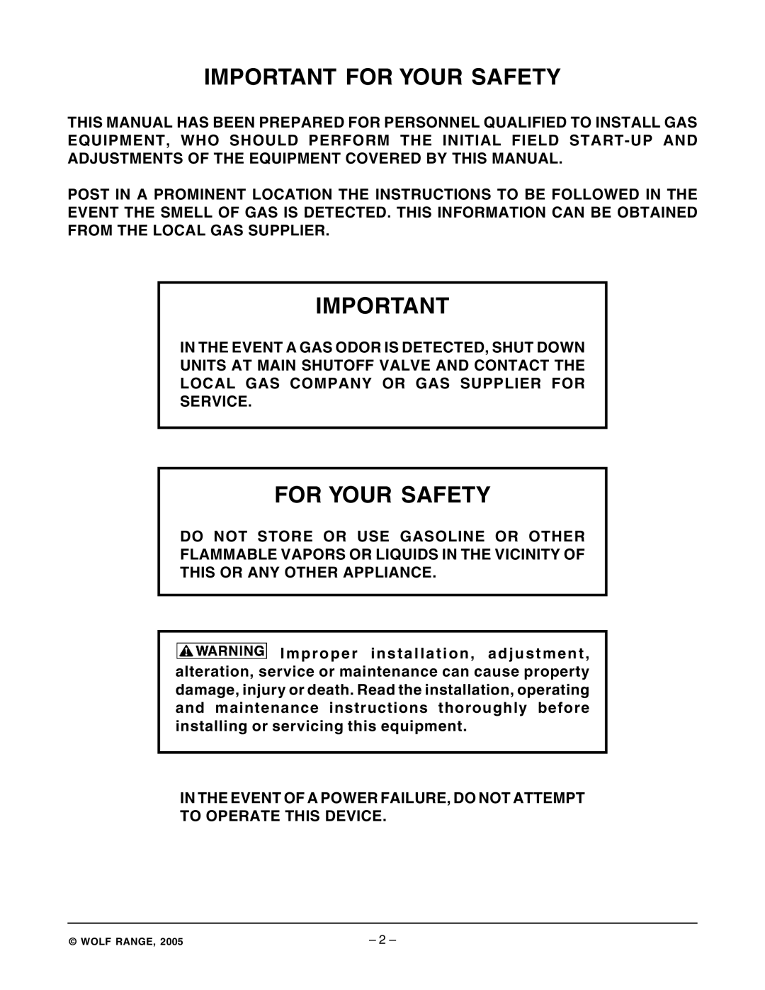 Wolf Appliance Company WKGD ML-126621 owner manual Important for Your Safety, For Your Safety 