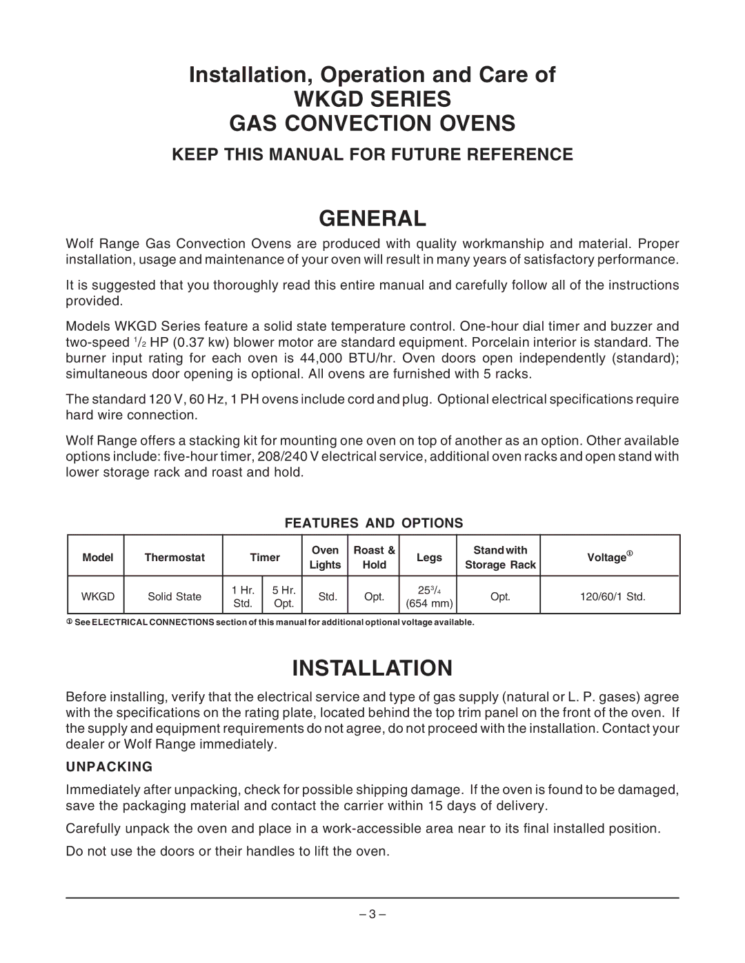 Wolf Appliance Company WKGD ML-126621 Wkgd Series GAS Convection Ovens, General, Installation, Features and Options 