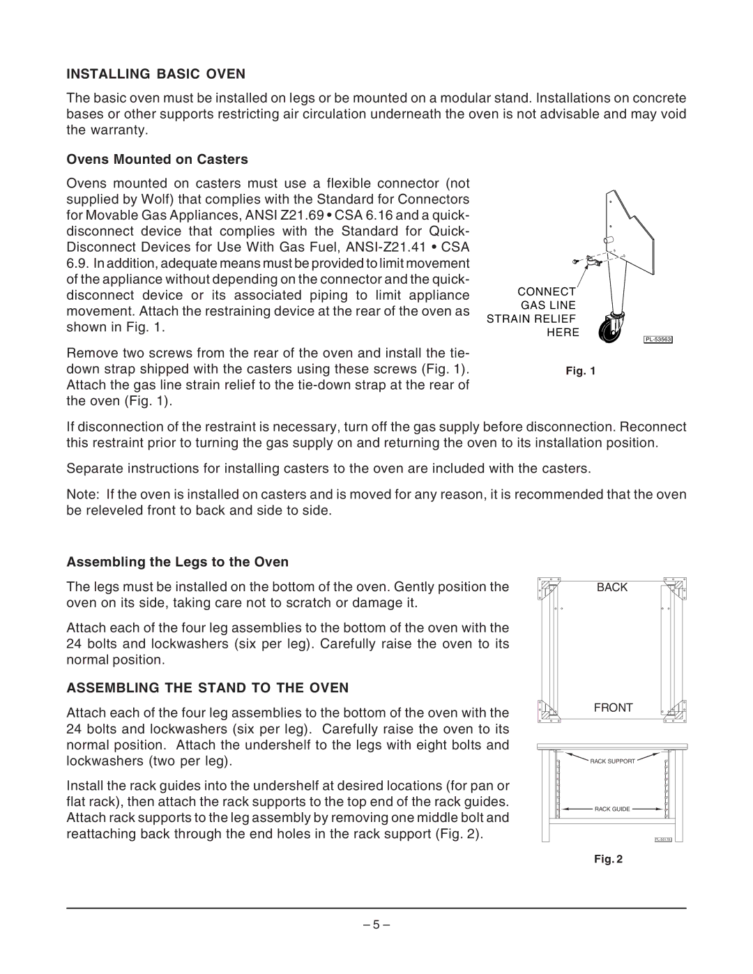 Wolf Appliance Company WKGD ML-126621 Installing Basic Oven, Ovens Mounted on Casters, Assembling the Legs to the Oven 