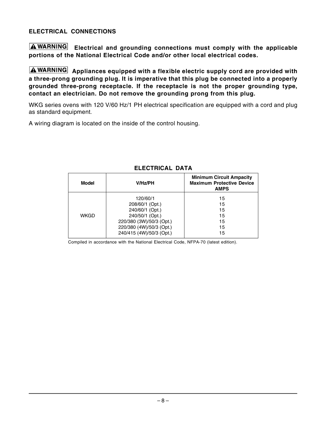 Wolf Appliance Company WKGD ML-126621 owner manual Electrical Connections, Electrical Data 