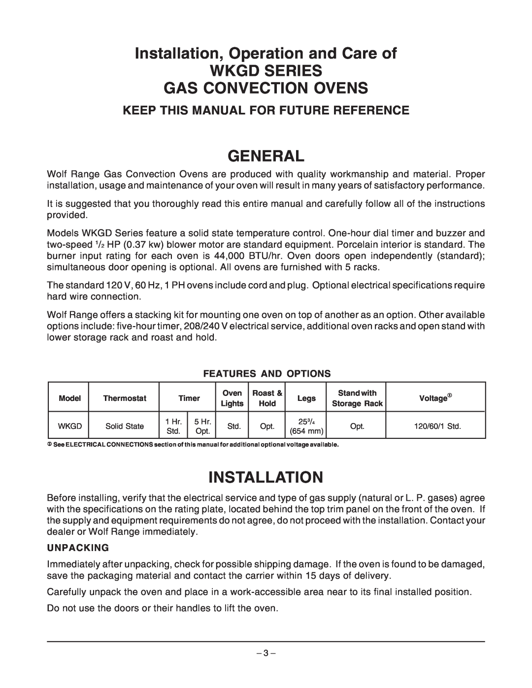 Wolf Appliance Company WKGD ML-126621 Installation, Operation and Care of WKGD SERIES GAS CONVECTION OVENS, General 