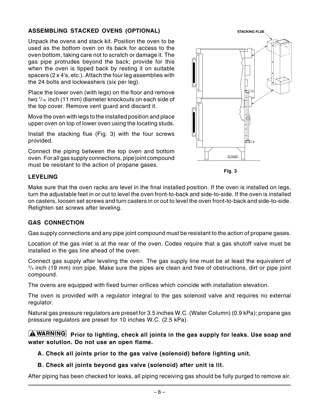 Wolf Appliance Company WKGD ML-126621 owner manual Assembling Stacked Ovens Optional, Leveling, Gas Connection 