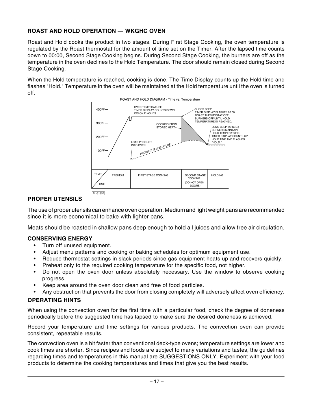Wolf Appliance Company WKGHD ML-767589 owner manual Roast and Hold Operation Wkghc Oven, Proper Utensils, Conserving Energy 