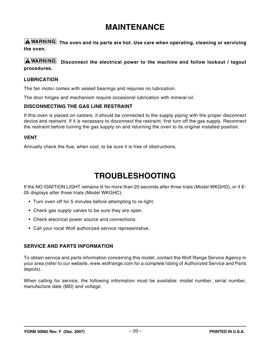 Wolf Appliance Company WKGHC ML-767590, WKGHD ML-767589 owner manual Maintenance, Troubleshooting 