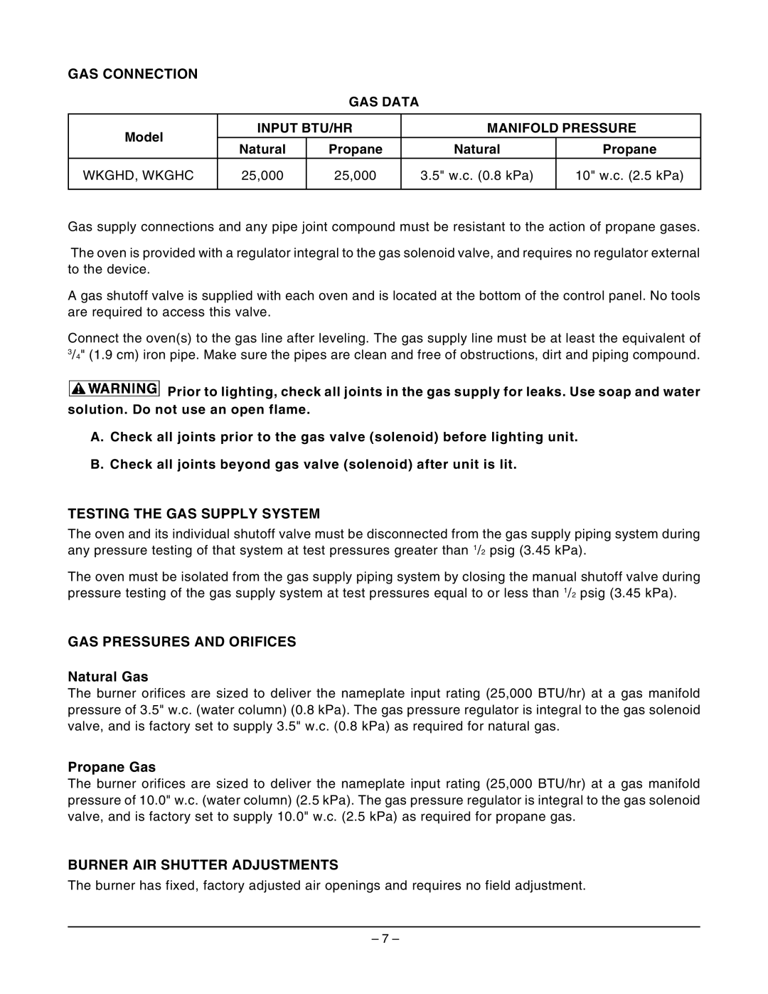 Wolf Appliance Company WKGHD ML-767589 GAS Connection, Testing the GAS Supply System, GAS Pressures and Orifices 